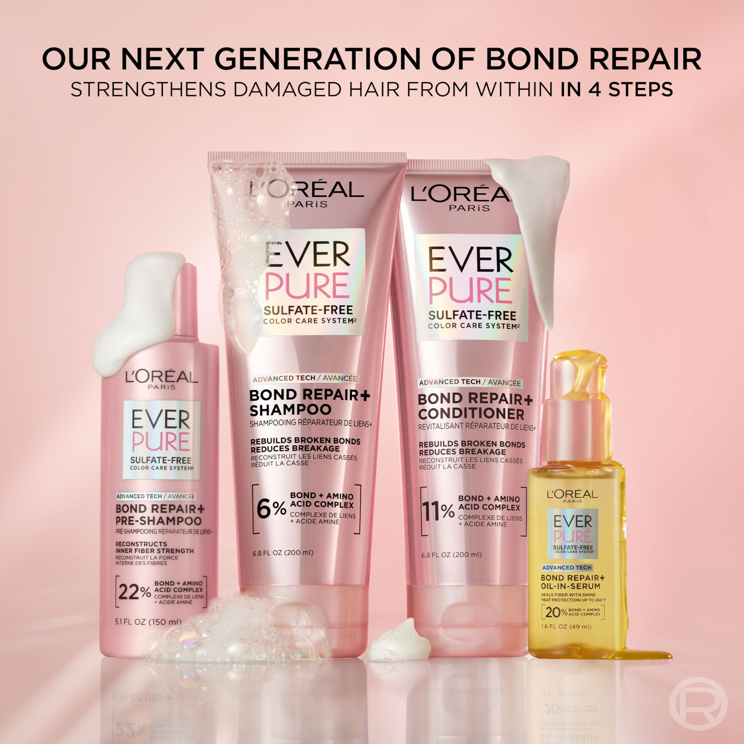 L'Oreal Paris Bond Repair+ Aceite en Suero, brillo y suavidad visibles en el cabello.
