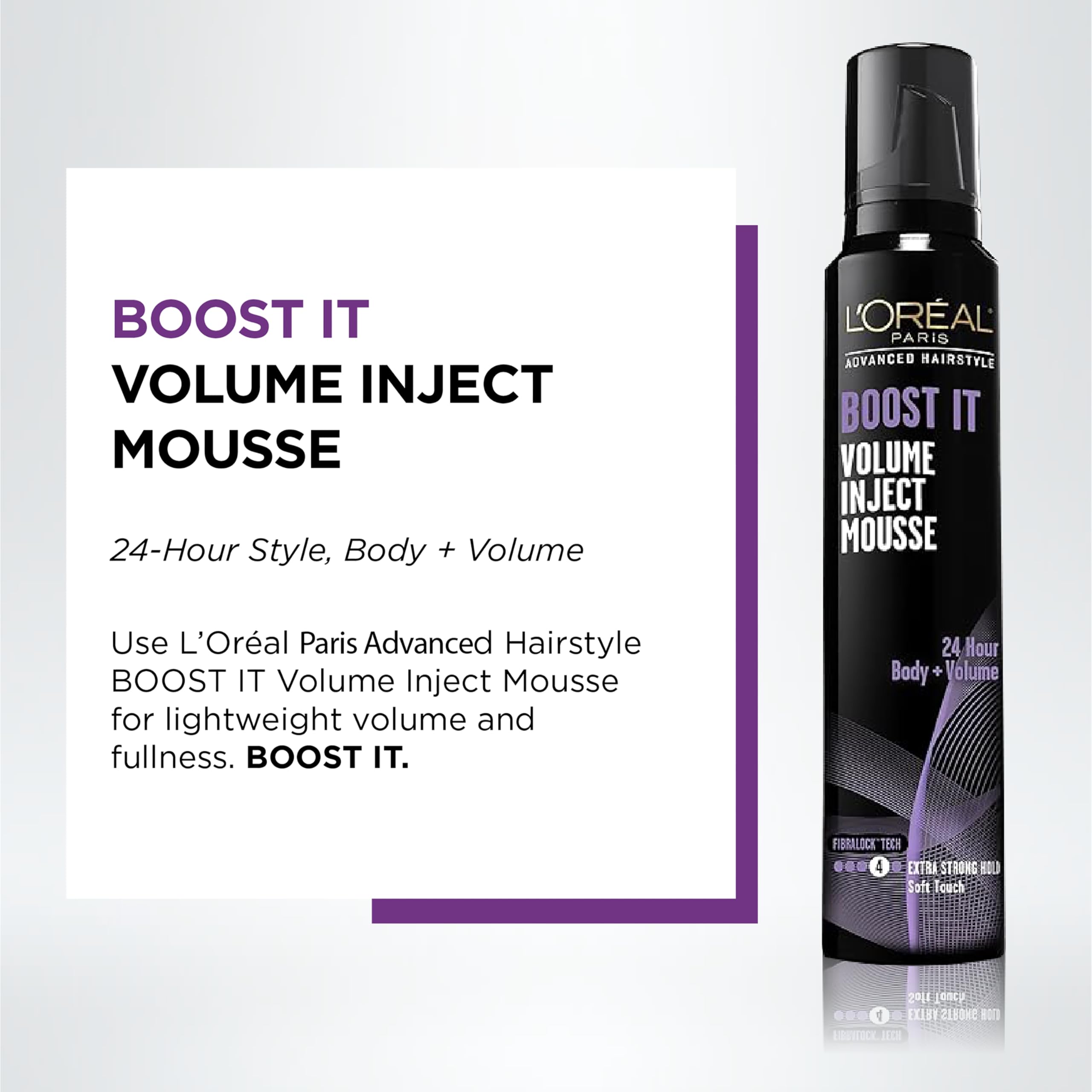 L'Oreal Paris Boost It Volume Inject Mousse nozzle dispensing for easy application on damp hair
