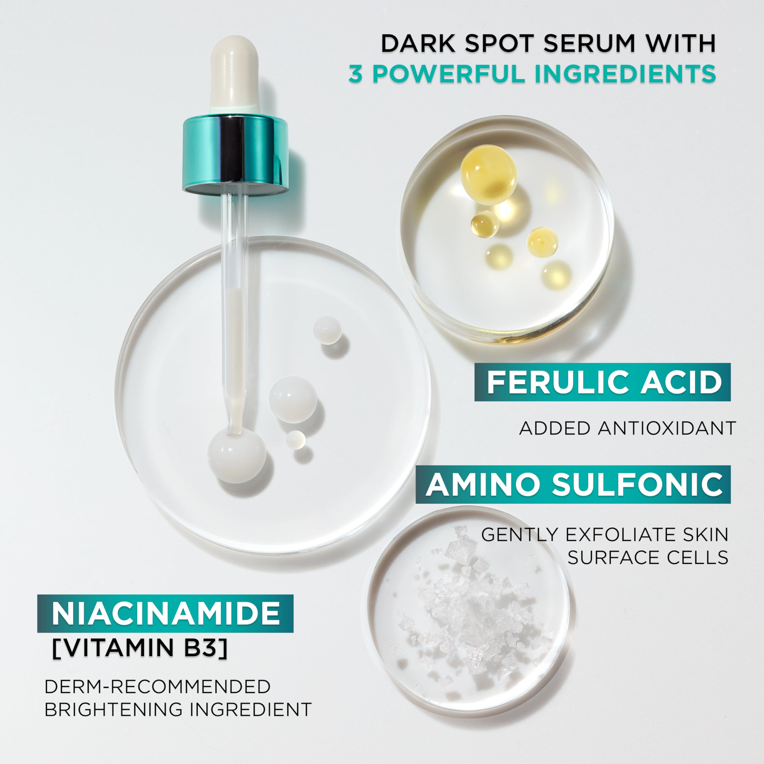 Close-up of Niacinamide and Ferulic ingredients in Bright Reveal serum.