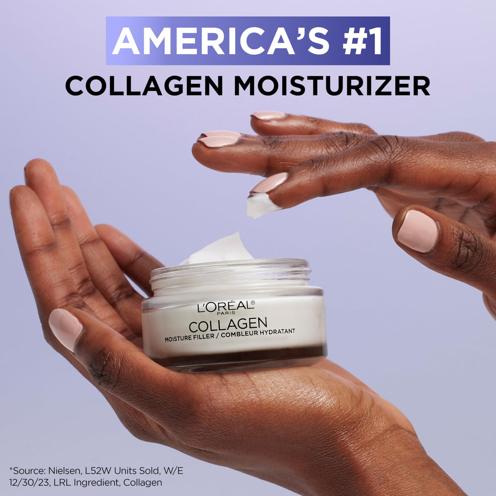 L'Oreal Paris Collagen Moisture Filler packaging display on vanity.