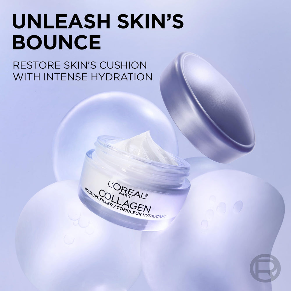 L'Oreal Paris Collagen Moisture Filler, textura crema, hidratación rápida sin grasa.