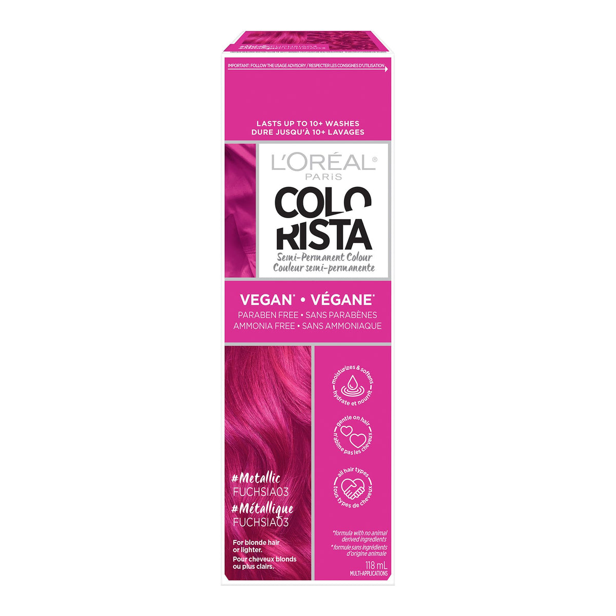 L'Oreal Paris Colorista Metallic Pink bottle showing the color deposit on bleached hair.