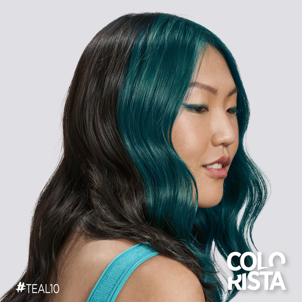 Colorista Teal being applied on brunette hair for subtle color upgrade.