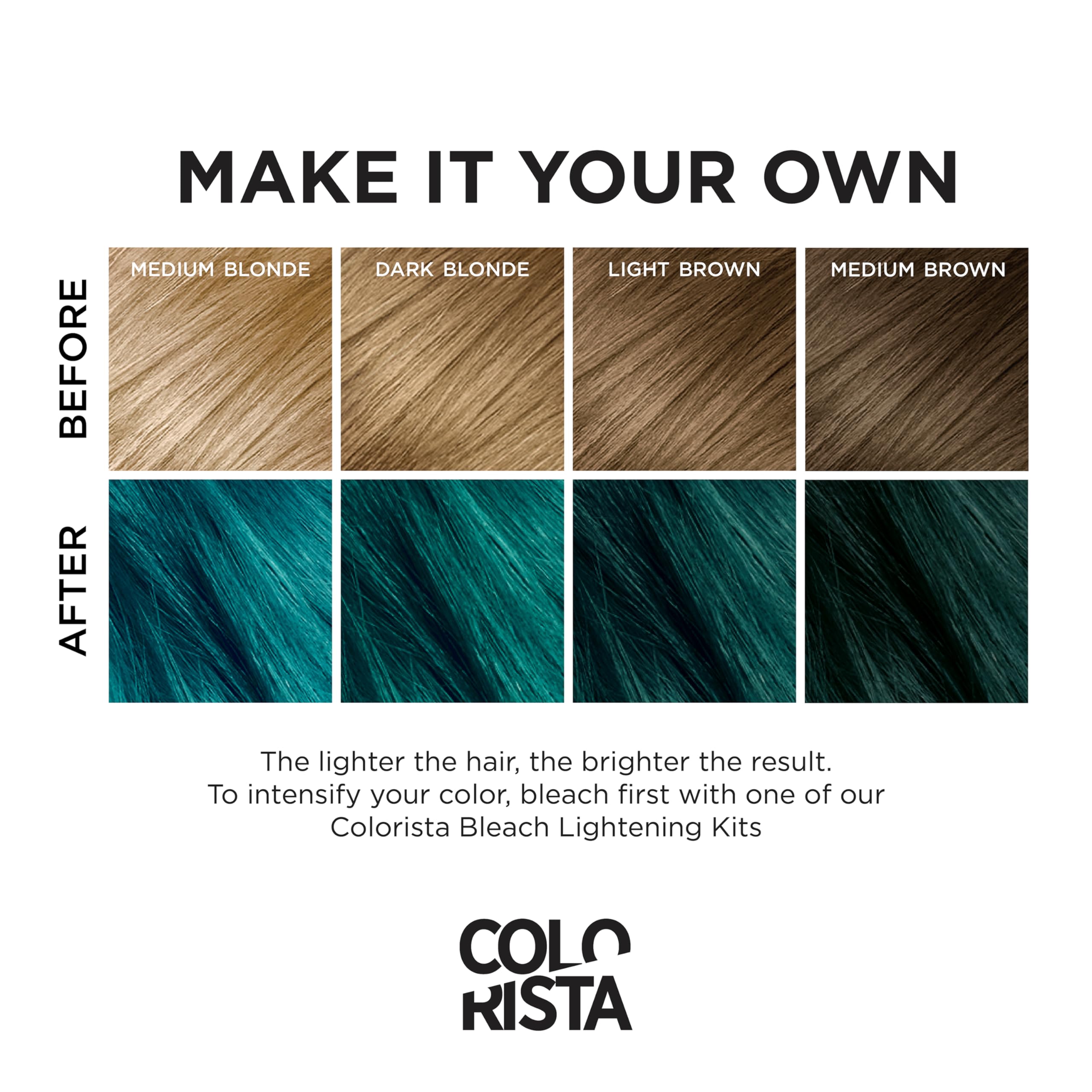 Teal color swatch on brunette hair reveals reflective shimmer.