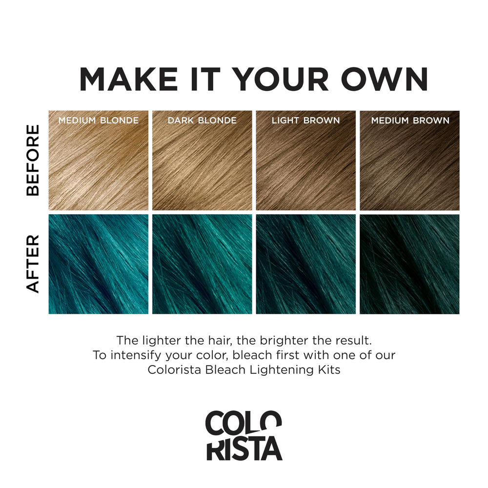 Teal color swatch on brunette hair reveals reflective shimmer.