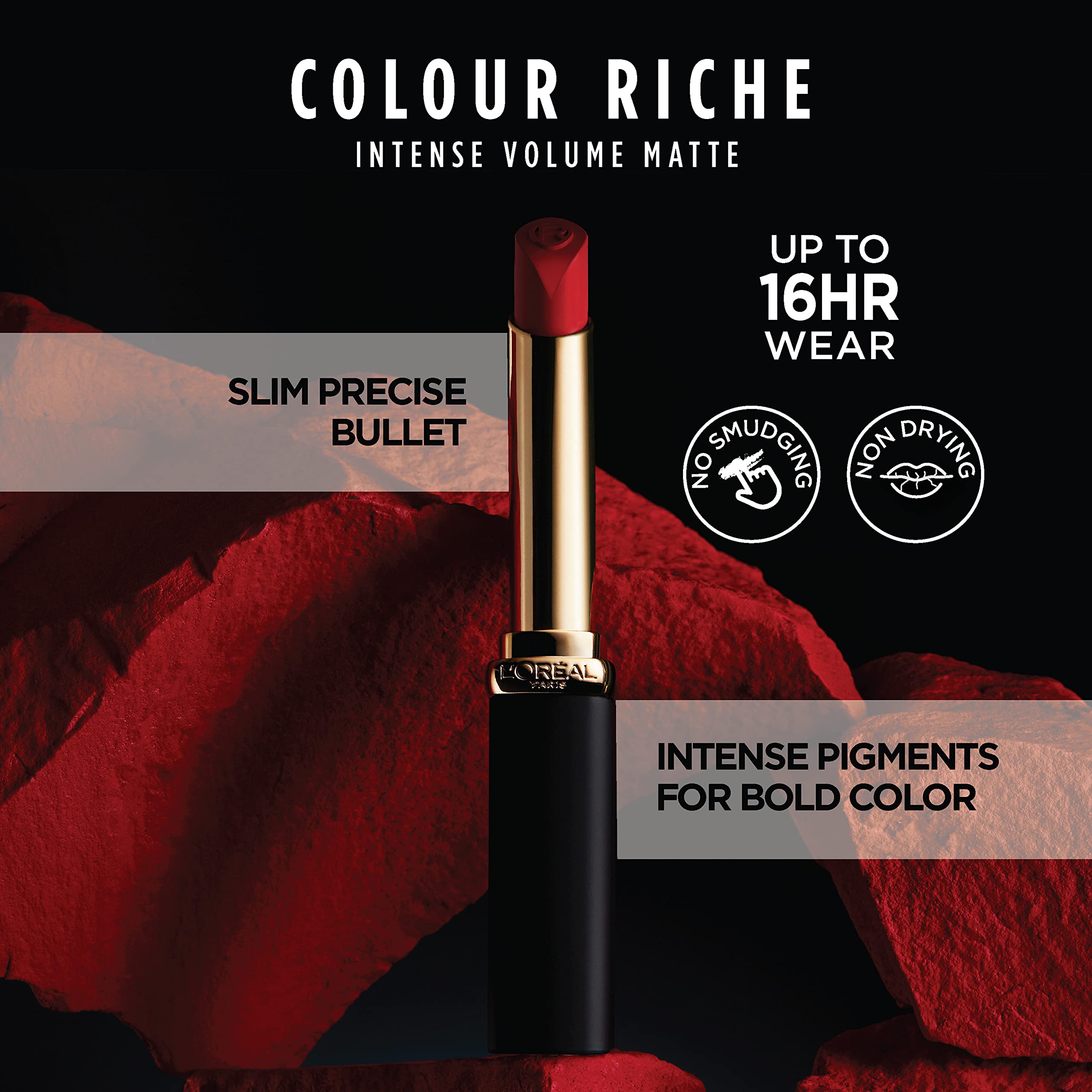 L'Oreal Paris Colour Riche Intense Volume Matte Lipstick con ácido hialurónico para confort.