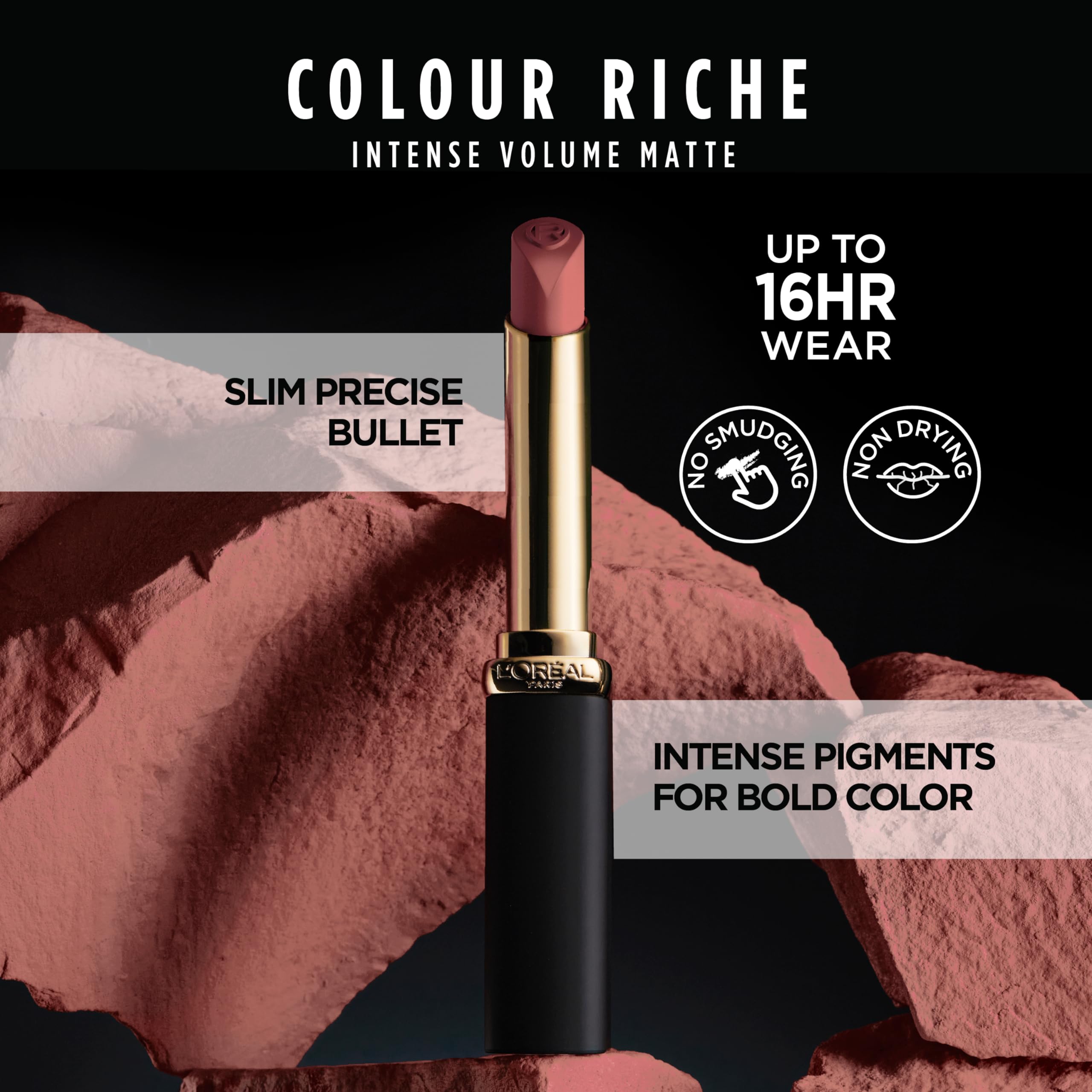 L'Oréal Paris Colour Riche Intense Volume Matte Lipstick, aplicador delgado para trazos precisos.