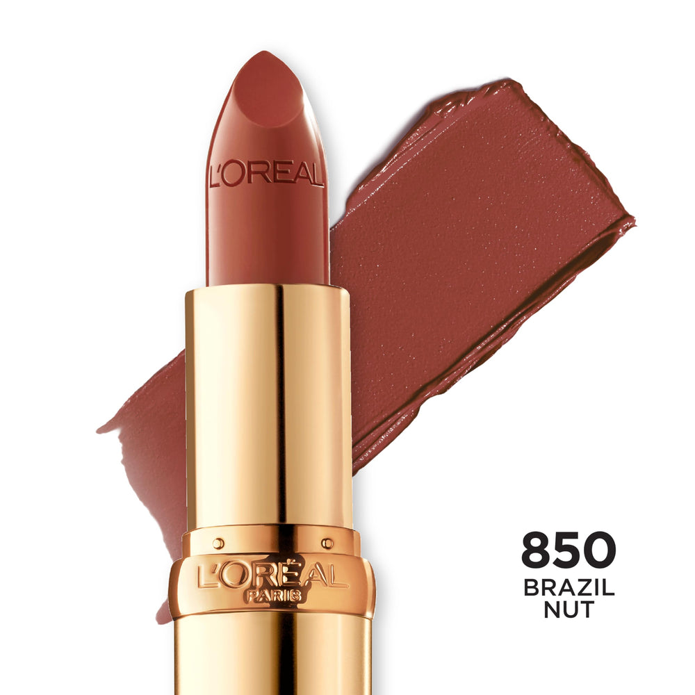 L'Oréal Paris Colour Riche berry-pink shade worn for warm, flattering glow.