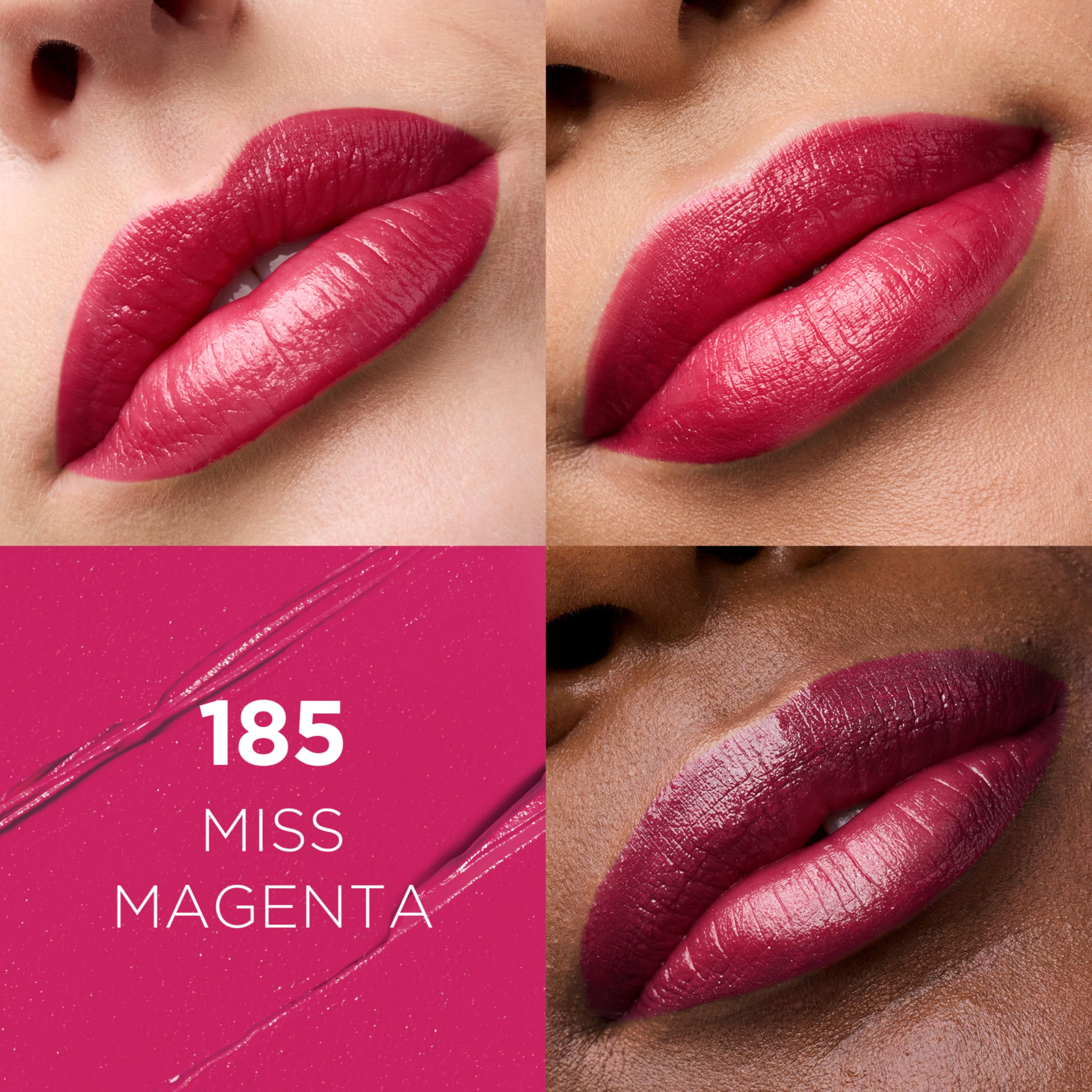 Muestra de color Miss Magenta en acabado satinado para labios vibrantes