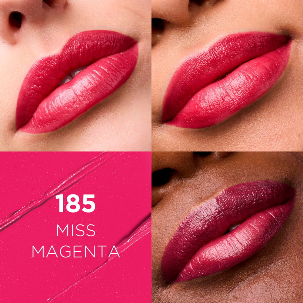 Muestra de color Miss Magenta en acabado satinado para labios vibrantes