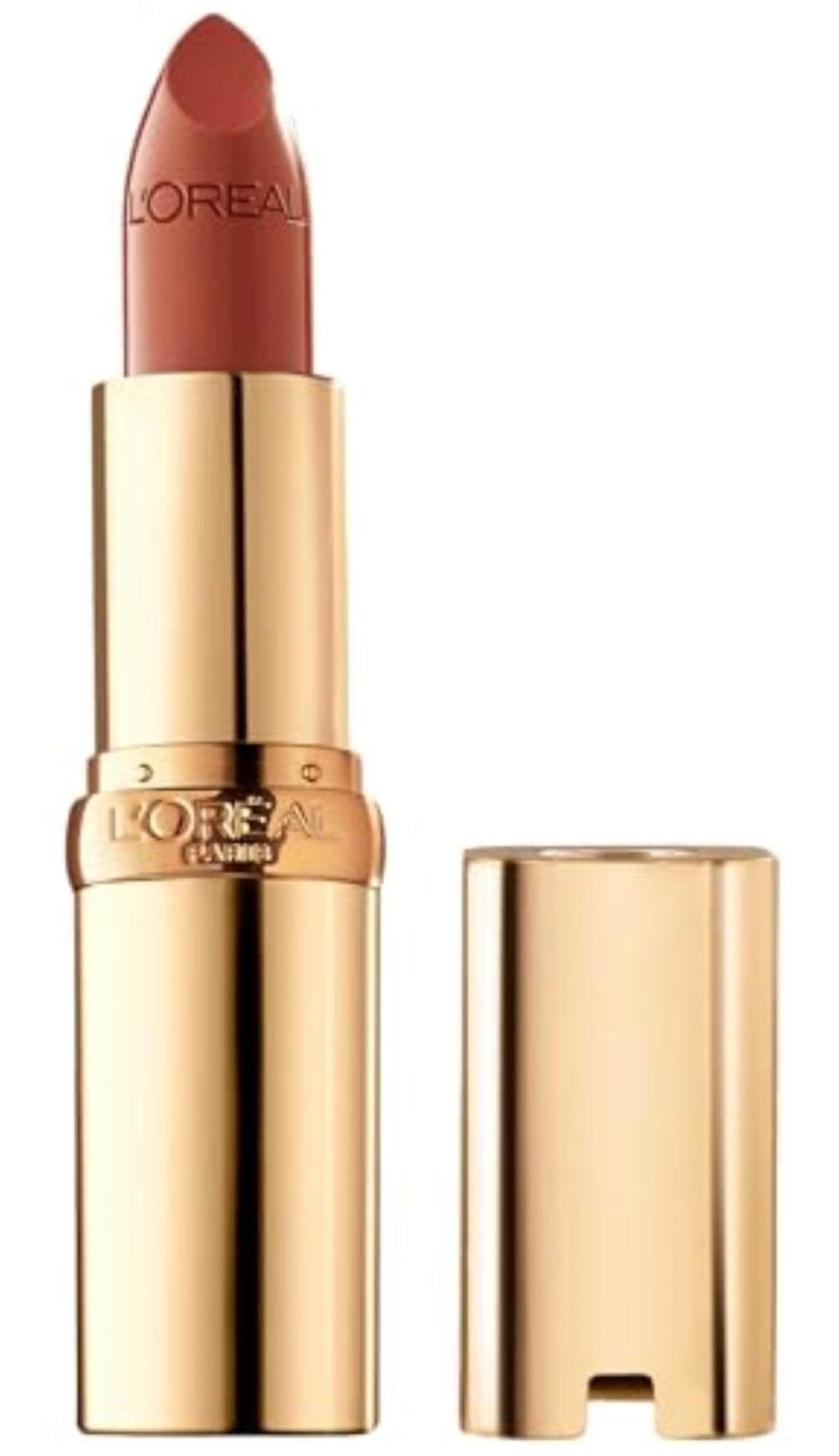 L'Oréal Paris Colour Riche lipstick close-up with creamy satin finish and argan oil conditioning.