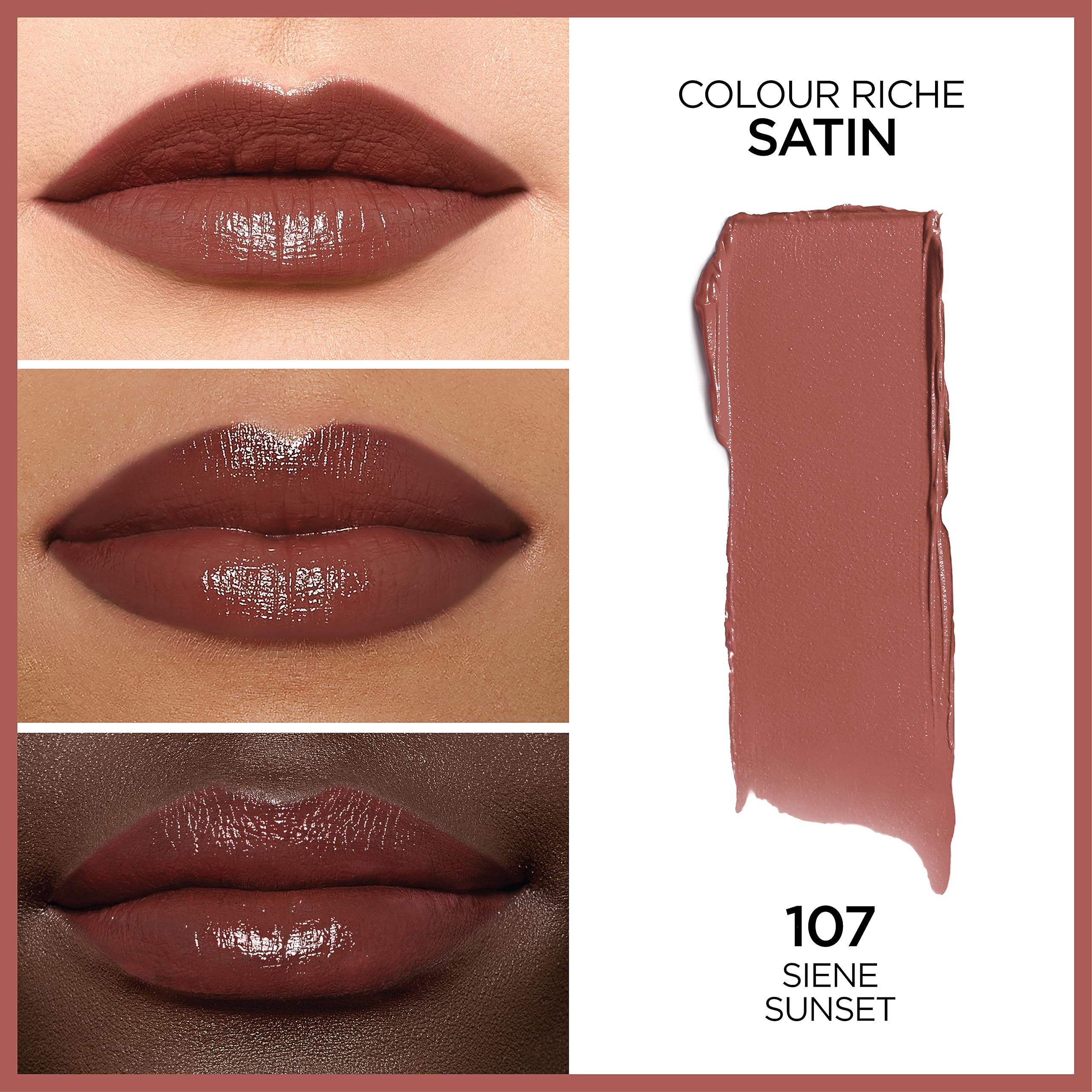 L'Oreal Paris Colour Riche Original Satin Lipstick 107 Seine Sunset tube and cap on display.