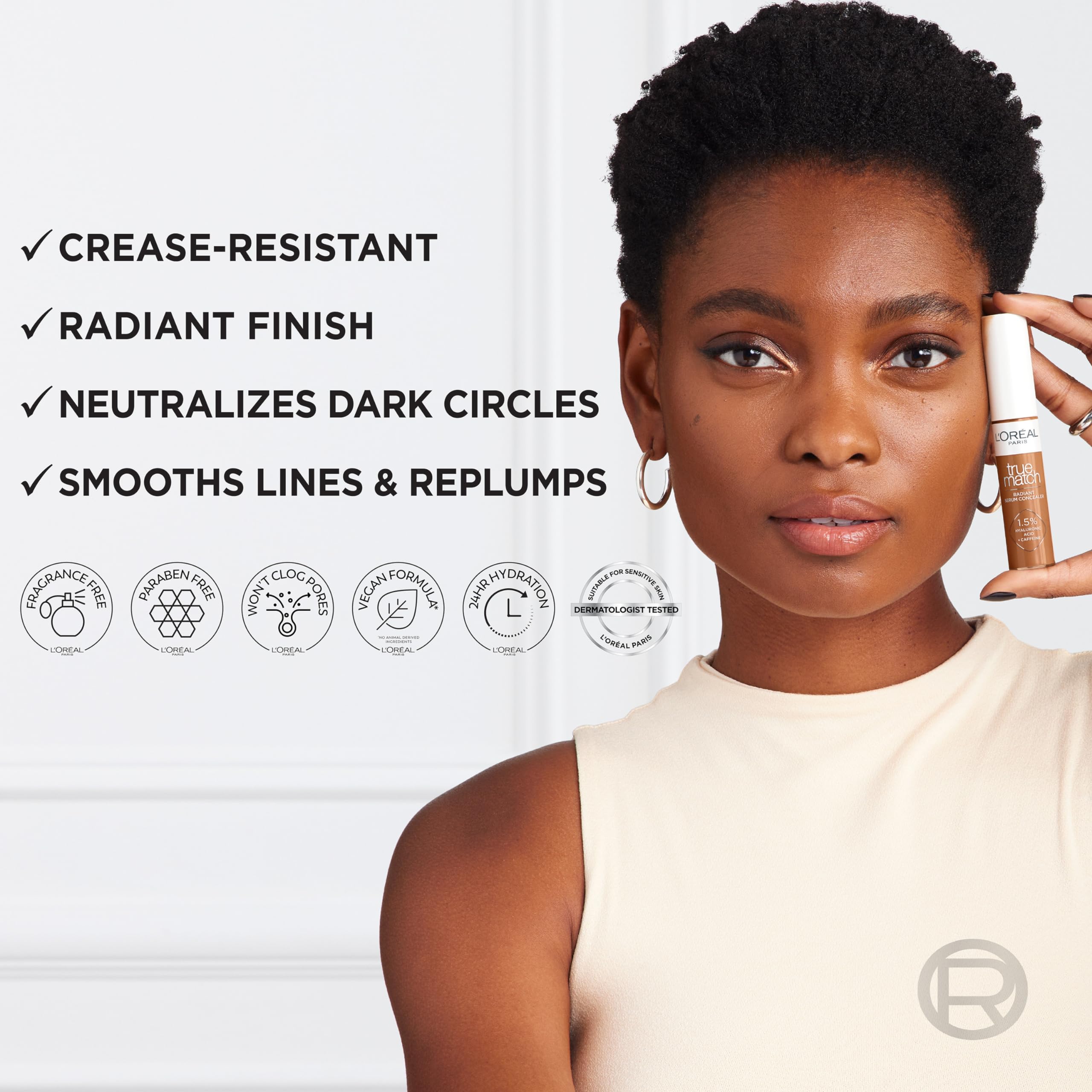 Corrector Sérum Iluminador de L'Oreal Paris, apto para piel sensible y probado dermatológicamente.