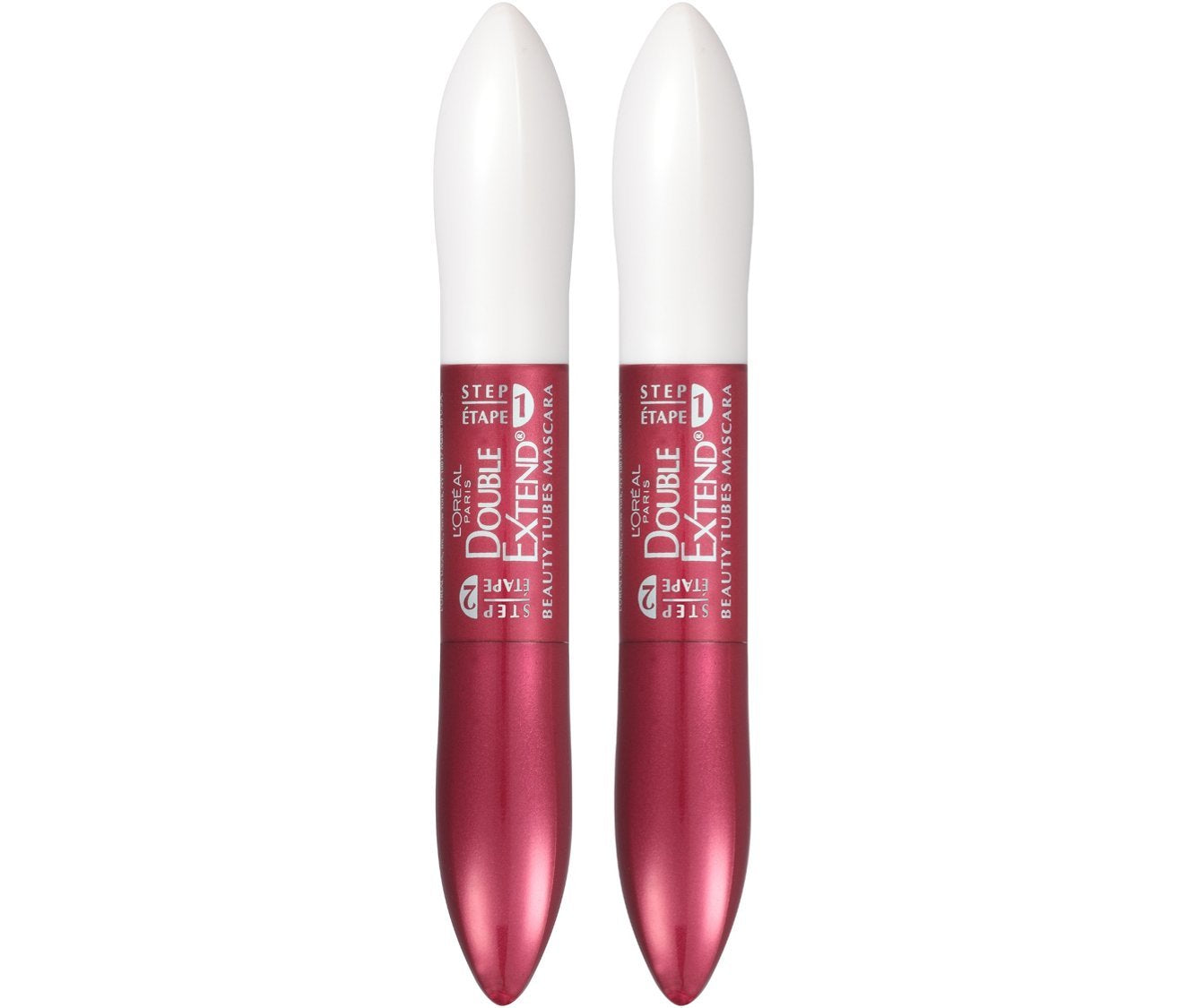 L'Oreal Paris Double Extend dual-brush tool applying primer then mascara for length.