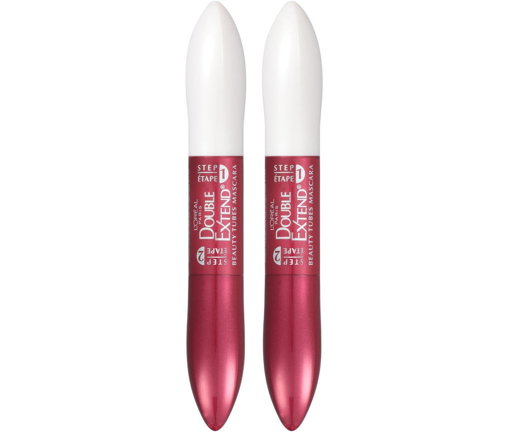 L'Oreal Paris Double Extend dual-brush tool applying primer then mascara for length.