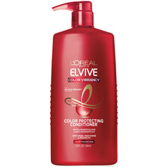 L'Oreal Paris Elvive Color Vibrancy conditioner bottle shows color protection and shine.