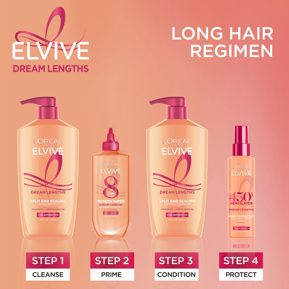 Muestra el trio Dream Lengths: champú, acondicionador y crema sin enjuague.