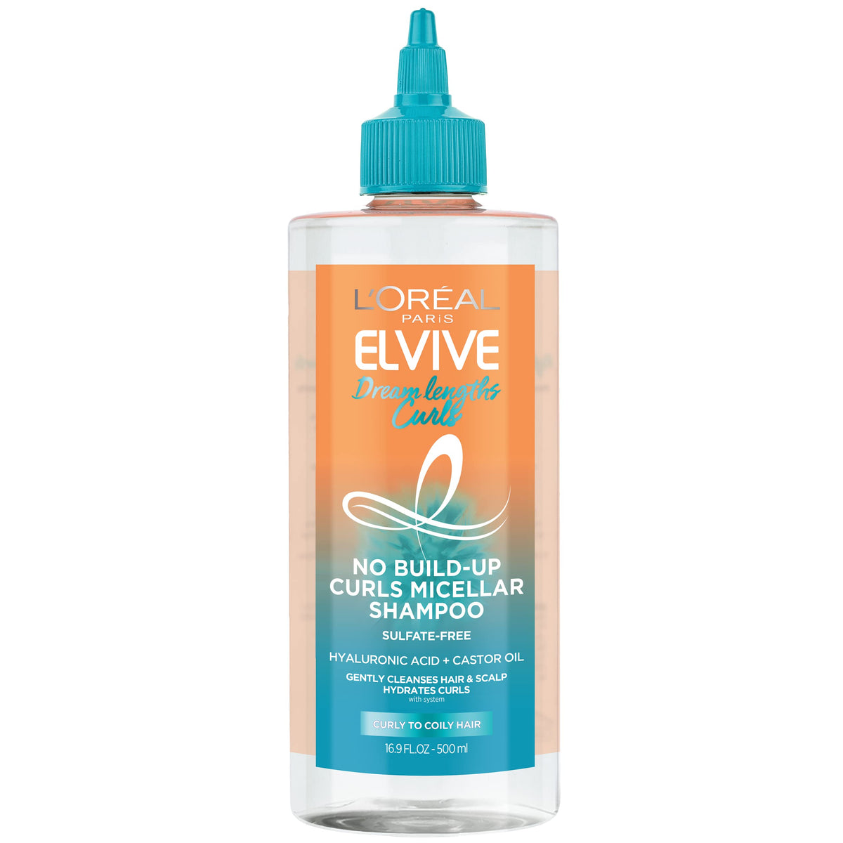 L’Oréal Paris Elvive Dream Lengths Curls shampoo bottle for gentle, no-build-up cleansing of curly hair.