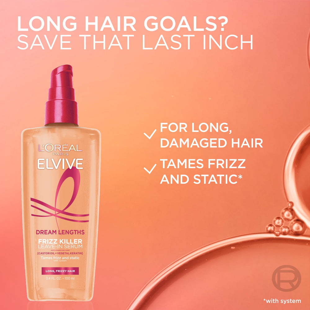 L'Oreal Paris Elvive Dream Lengths Frizz Killer Serum packaging emphasizes paraben-free, silicone-free formula.
