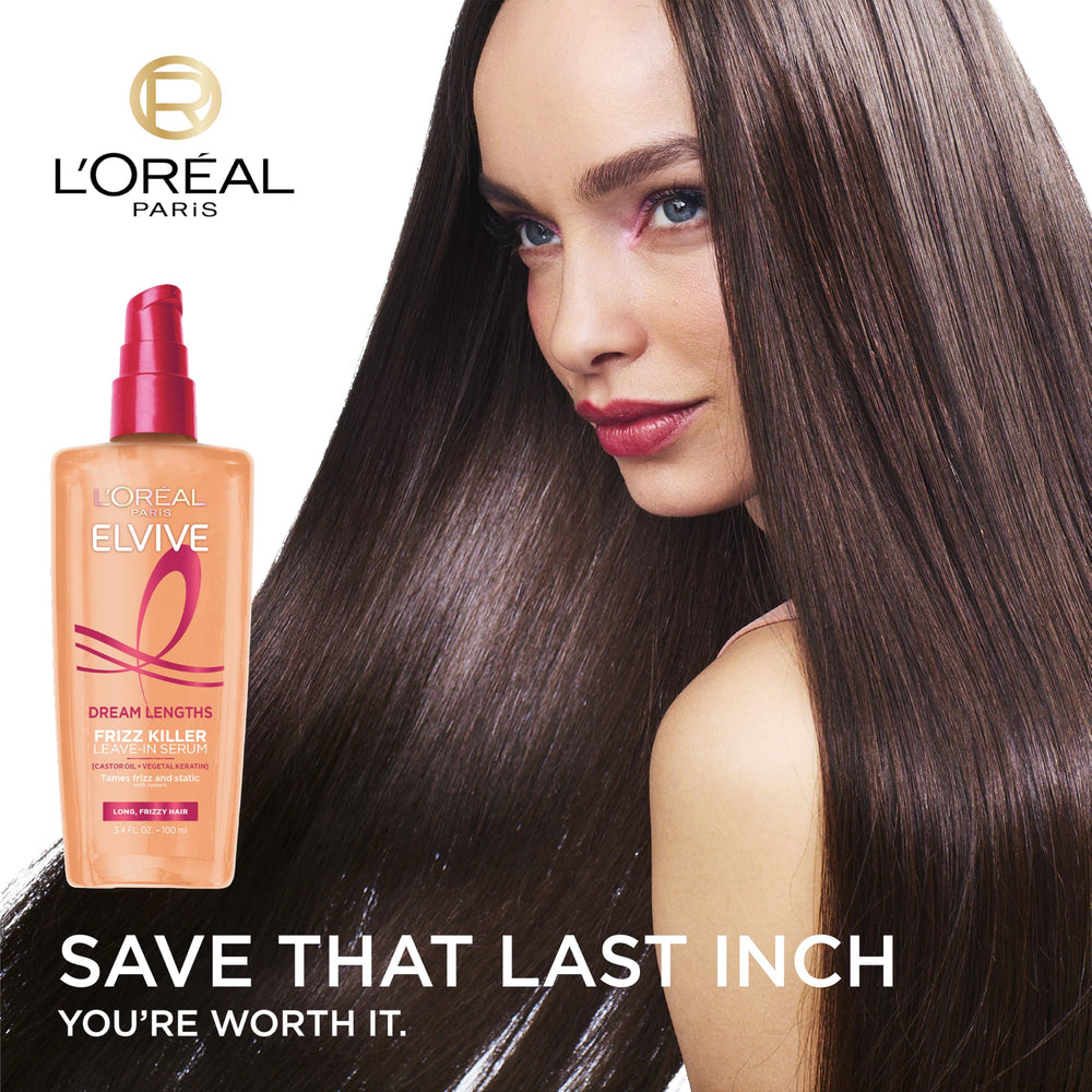 L'Oreal Paris Elvive Dream Lengths Frizz Killer Serum texture close-up shows lightweight, non-greasy feel.