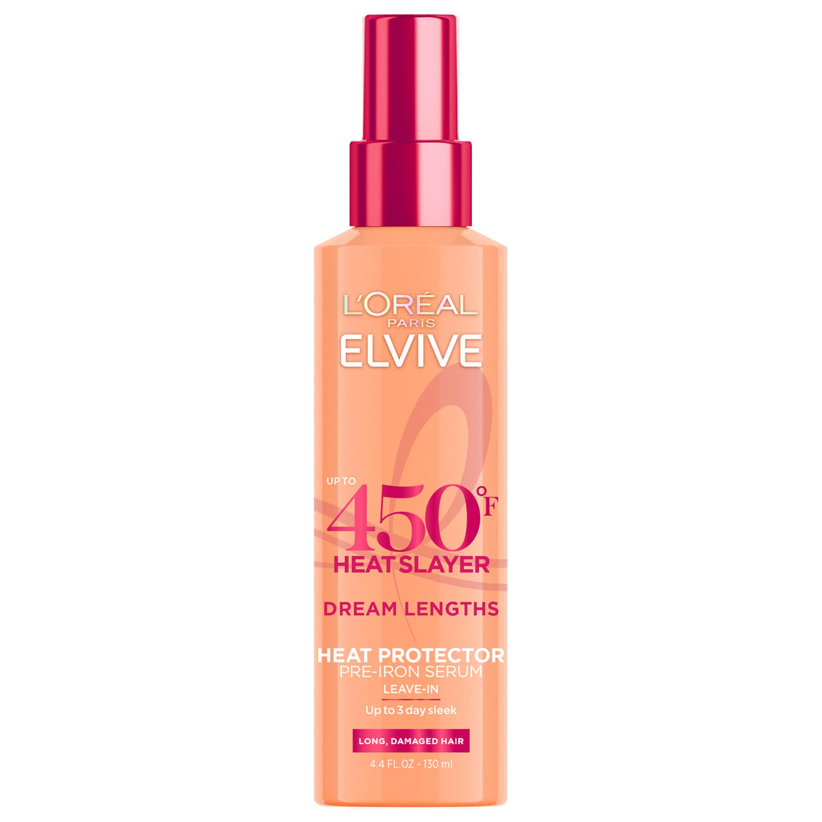 Elvive Dream Lengths Heat Slayer spray bottle highlights heat protection for long hair