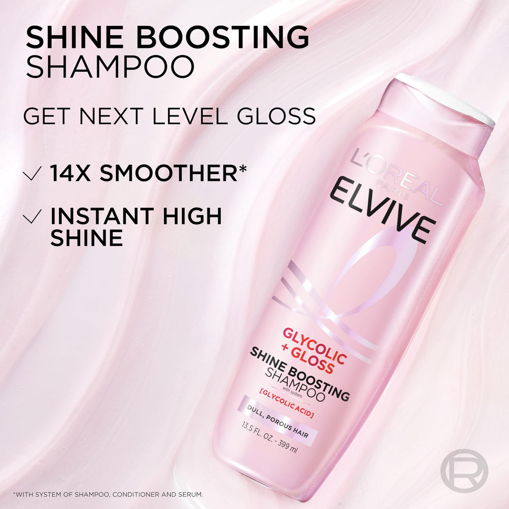 Gloss-boosting routine step-by-step shine visualization from Elvive Glycolic + Gloss.
