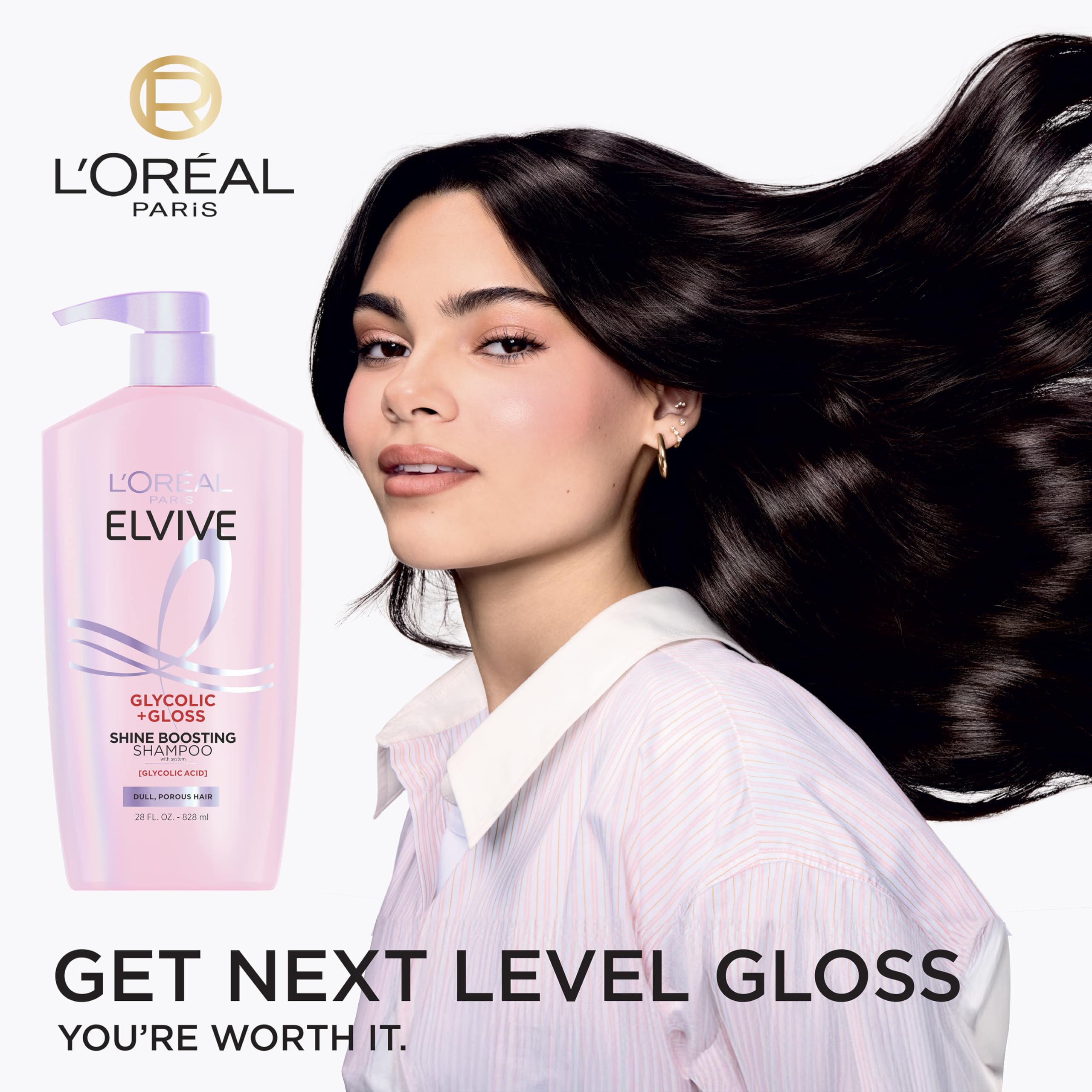 L'Oreal Paris Elvive Glycolic + Gloss conditioner bottle smooths lengths.