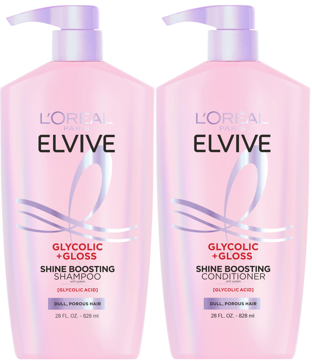 L'Oreal Paris Elvive Glycolic + Gloss shampoo bottle for instant high shine.