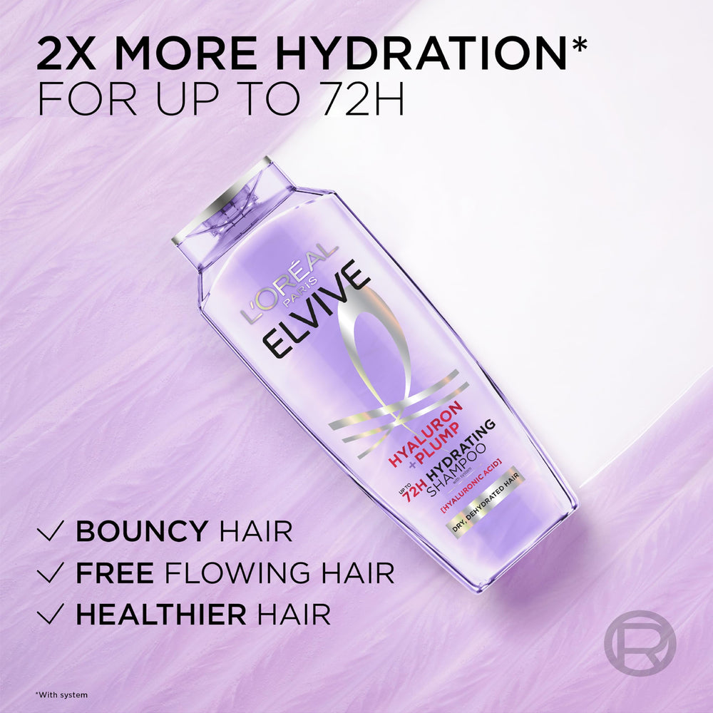 L'Oreal Paris Elvive Hyaluron Plump after-use shine closeup on smooth, bouncy hair.