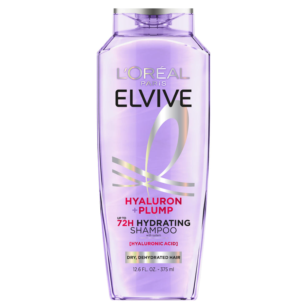 L'Oreal Paris Elvive Hyaluron Plump shampoo bottle front shows hydrating formula for dry hair.