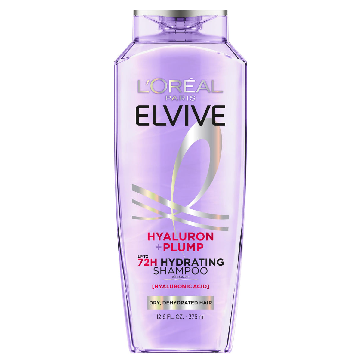 L'Oreal Paris Elvive Hyaluron Plump shampoo bottle front shows hydrating formula for dry hair.