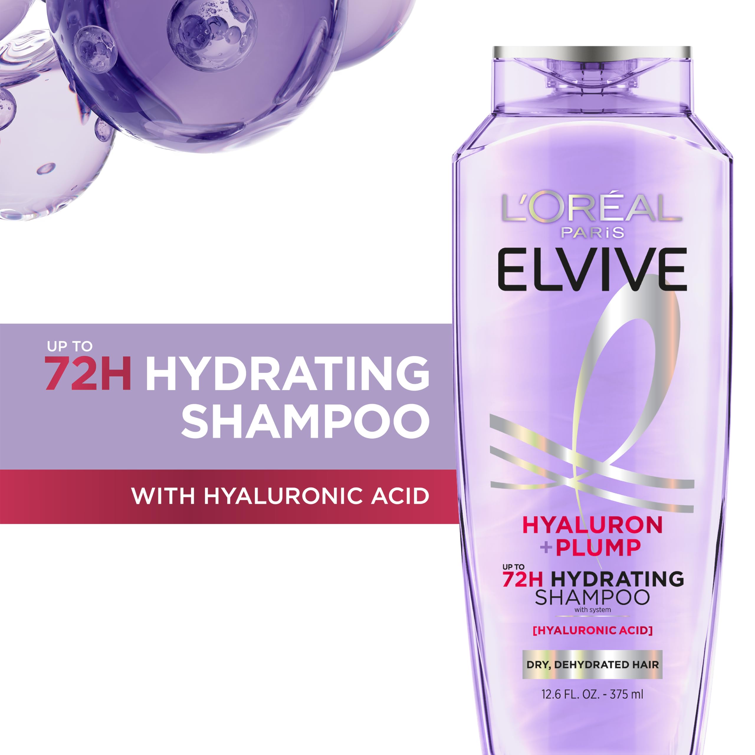 L'Oreal Paris Elvive Hyaluron Plump shampoo bottle side highlights lightweight hydration for bouncy strands.