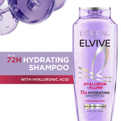 L'Oreal Paris Elvive Hyaluron Plump shampoo bottle side highlights lightweight hydration for bouncy strands.