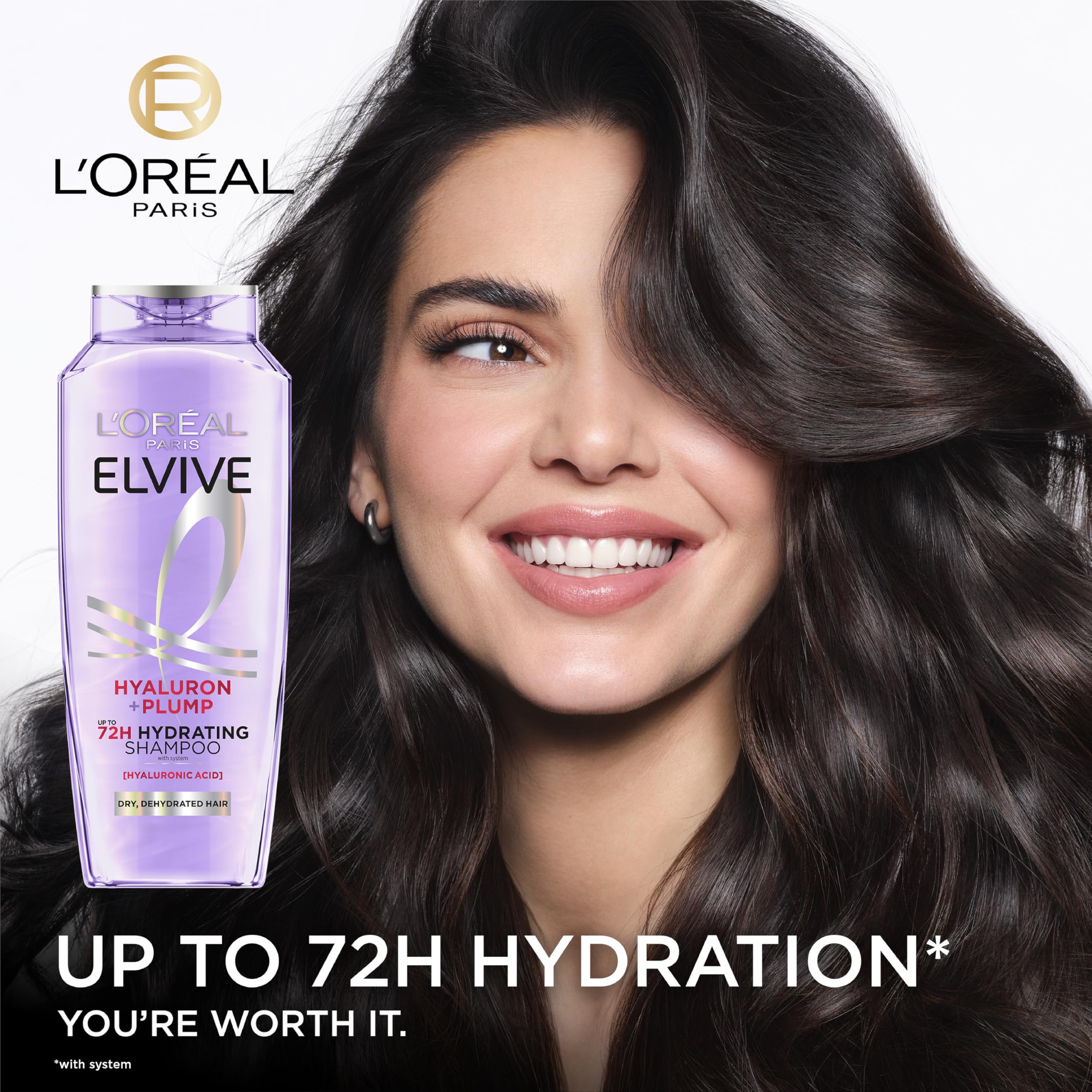 L'Oreal Paris Elvive Hyaluron Plump Wonder Water bottle demonstrates rapid hydration for soft, weightless hair.