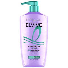 L'Oréal Paris Elvive Hyaluron + Pure, botella frontal, purifica el cuero cabelludo y deja raíces limpias.