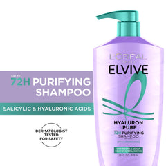 L'Oréal Paris Elvive Hyaluron + Pure, etiqueta luminosa, aroma fresco que acompaña la limpieza.