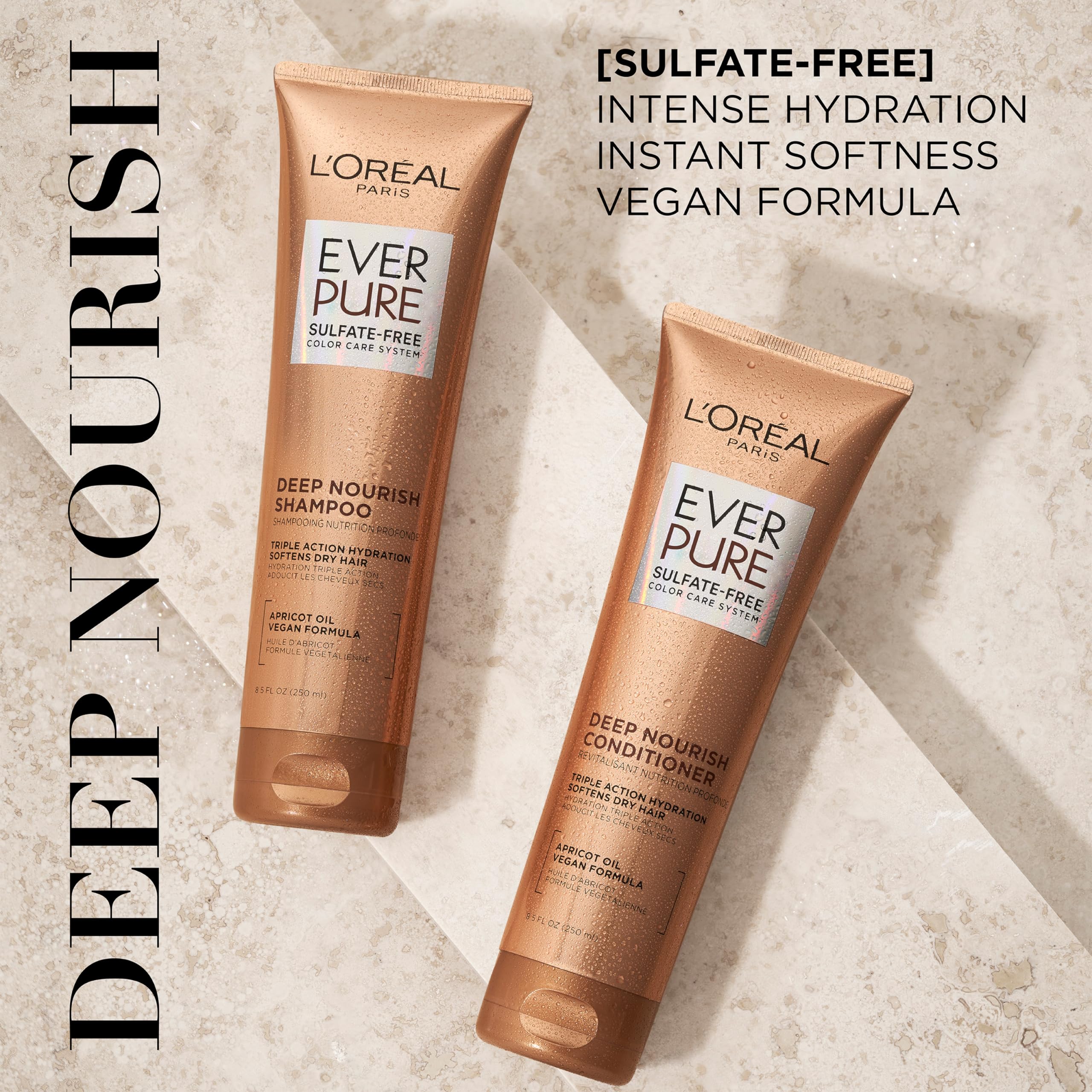 L’Oréal Paris EverPure acondicionador sin sulfatos para cabello seco y suave brillo.