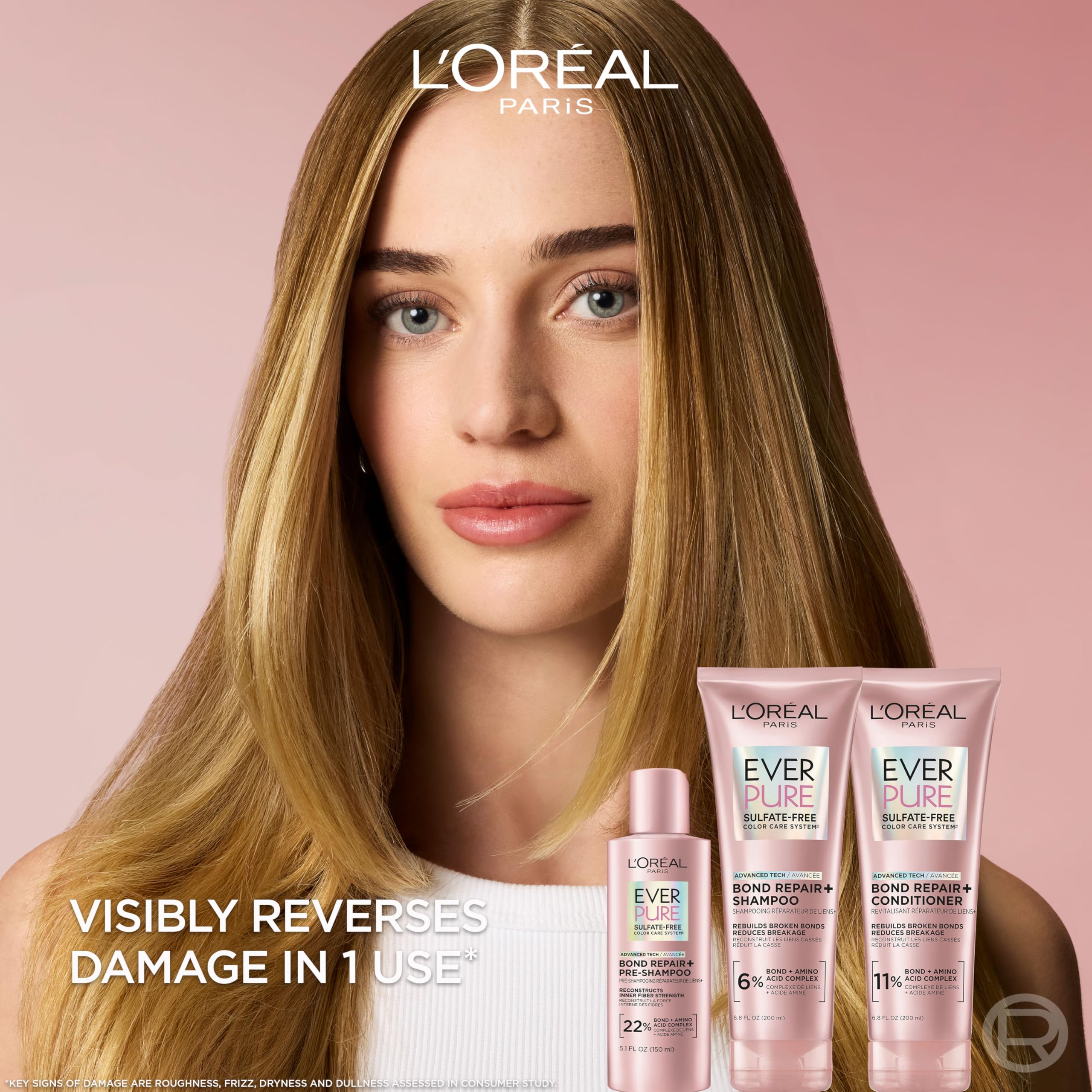 L'Oreal Paris EverPure Bond Repair+ textura cremosa: hidrata profundamente sin sulfatos.