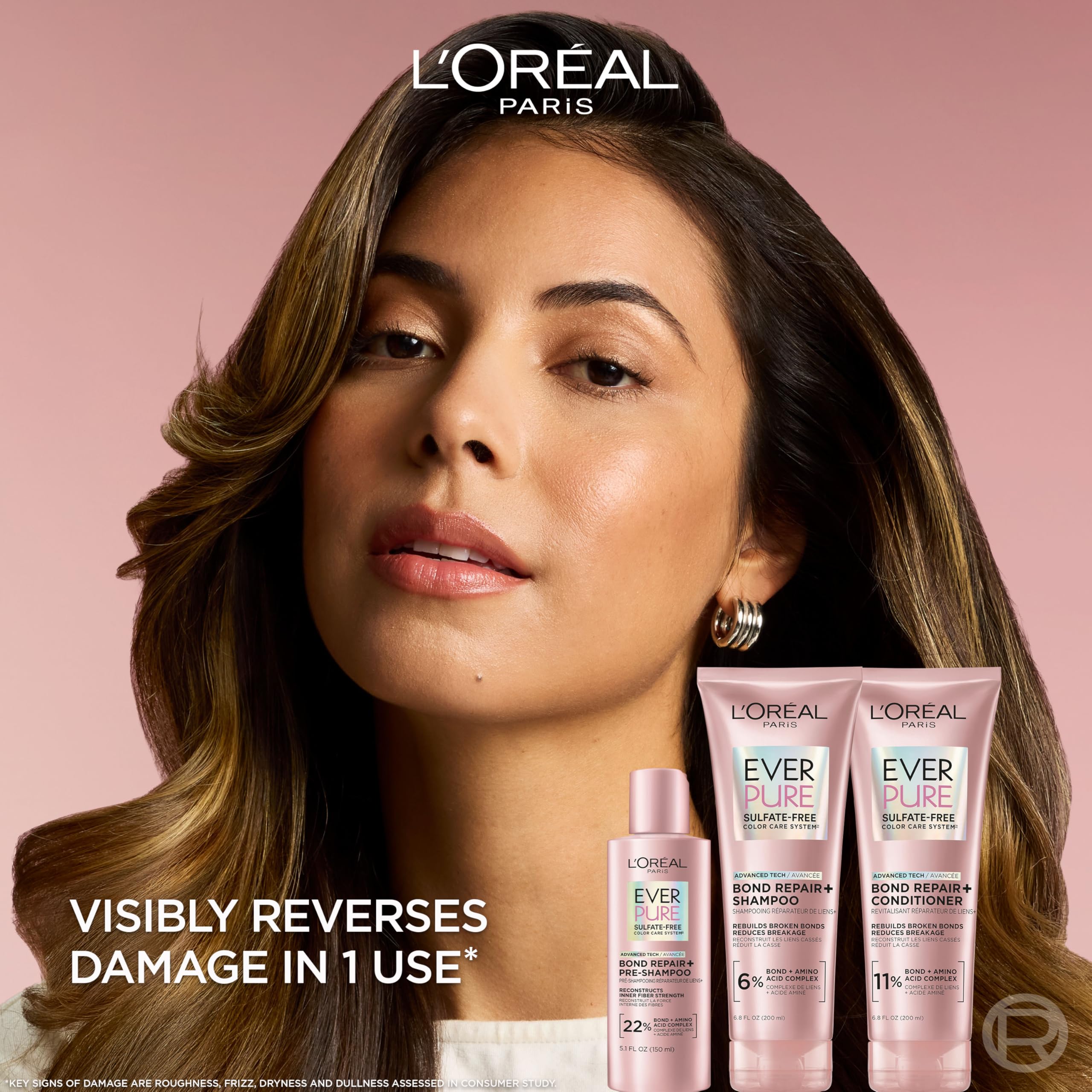 L’Oréal Paris EverPure Bond Repair+ Shampoo en primer plano de etiqueta, cuida el color sin sulfatos.