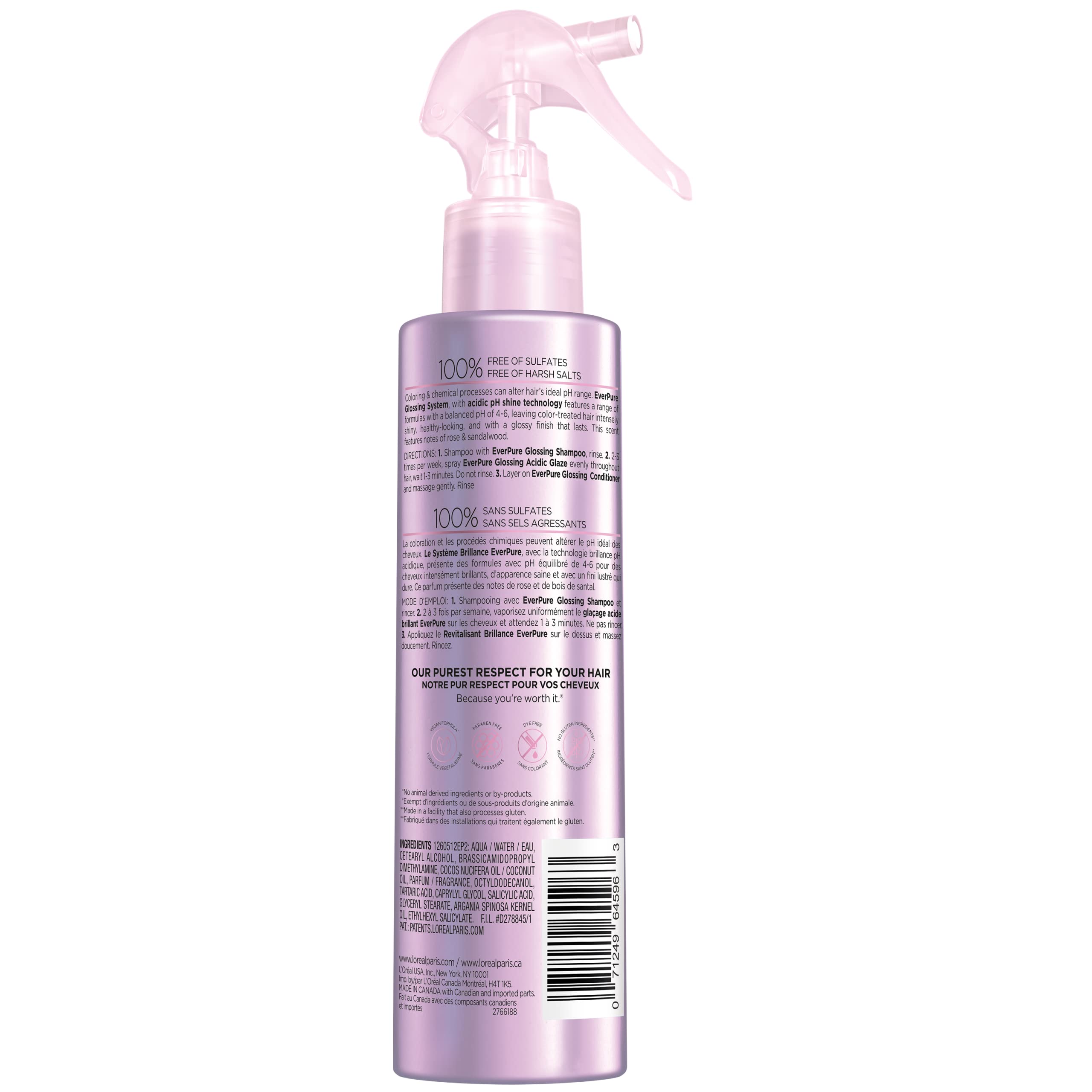 L'Oreal Paris EverPure Glossing acabado de salón en casa, cuidado suave y balanceado.