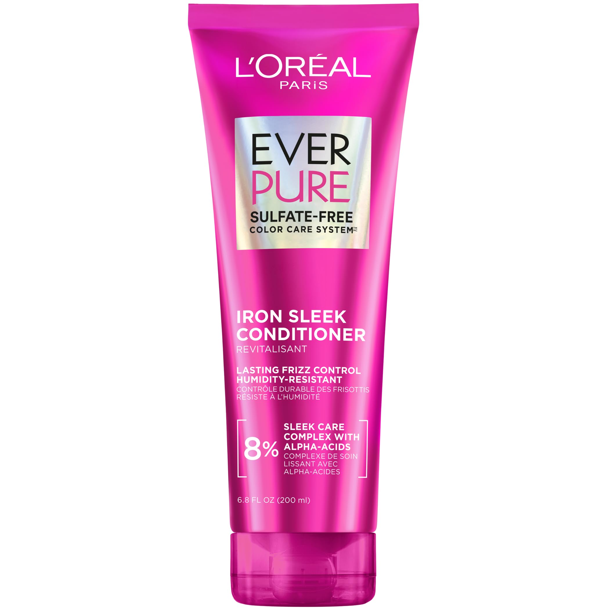 L'Oreal Paris EverPure Iron Sleek: botella elegante para control del frizz y humedad.