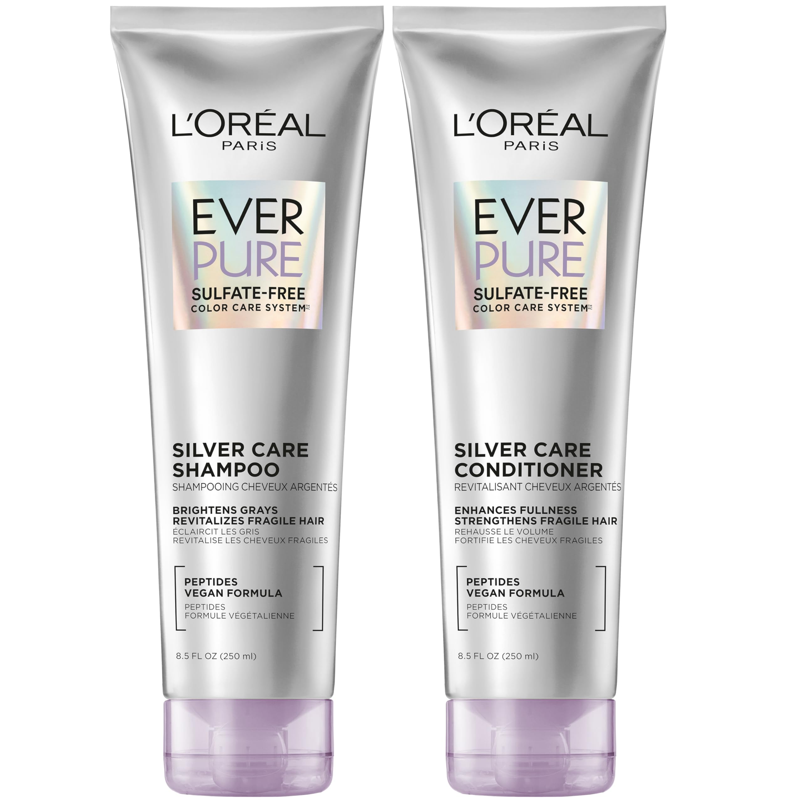 L’Oréal Paris EverPure Silver Care shampoo bottle highlighting a sulfate-free formula for bright gray hair