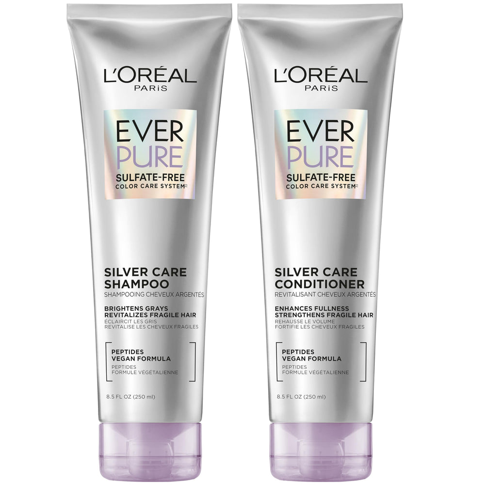 L’Oréal Paris EverPure Silver Care shampoo bottle highlighting a sulfate-free formula for bright gray hair