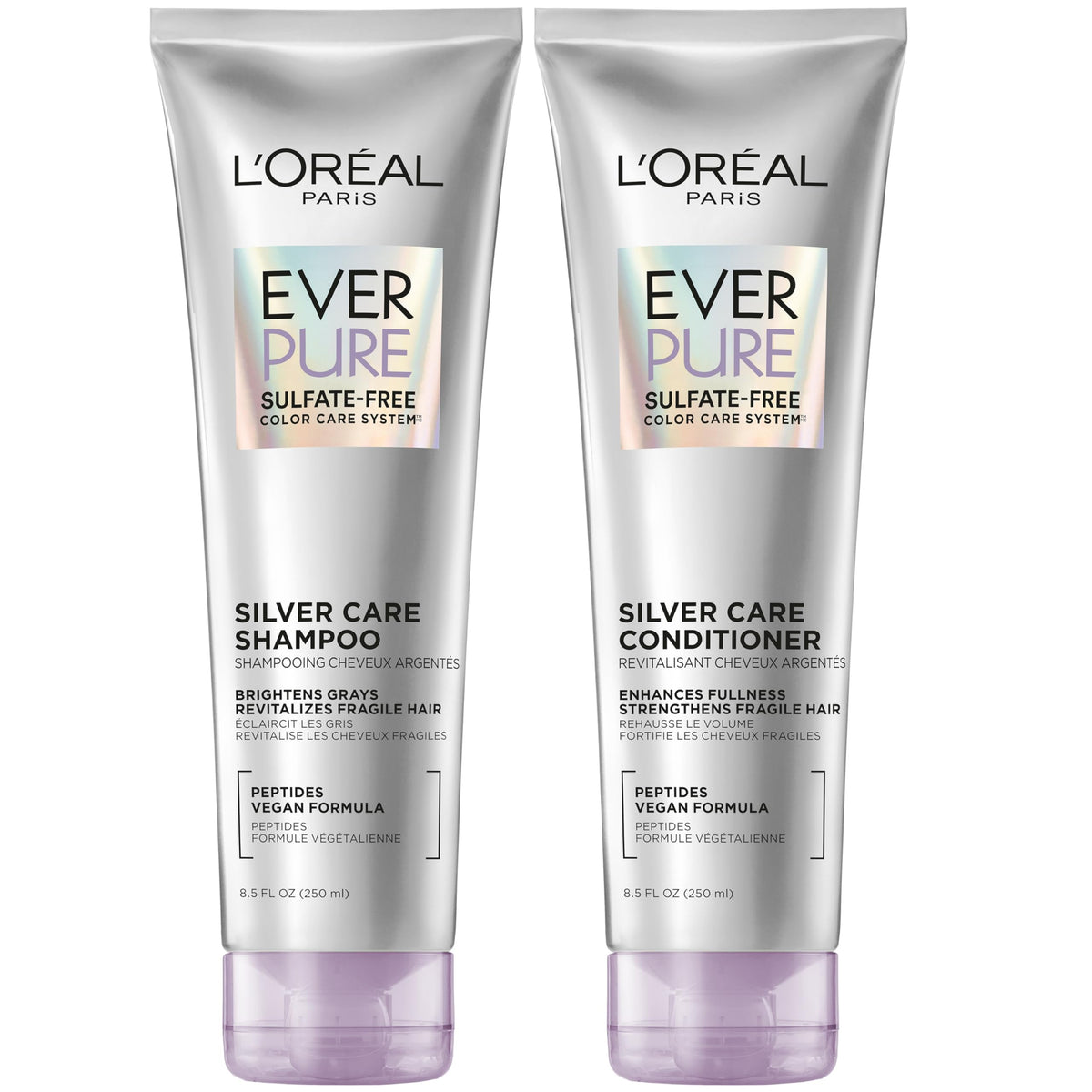 L’Oréal Paris EverPure Silver Care shampoo bottle highlighting a sulfate-free formula for bright gray hair