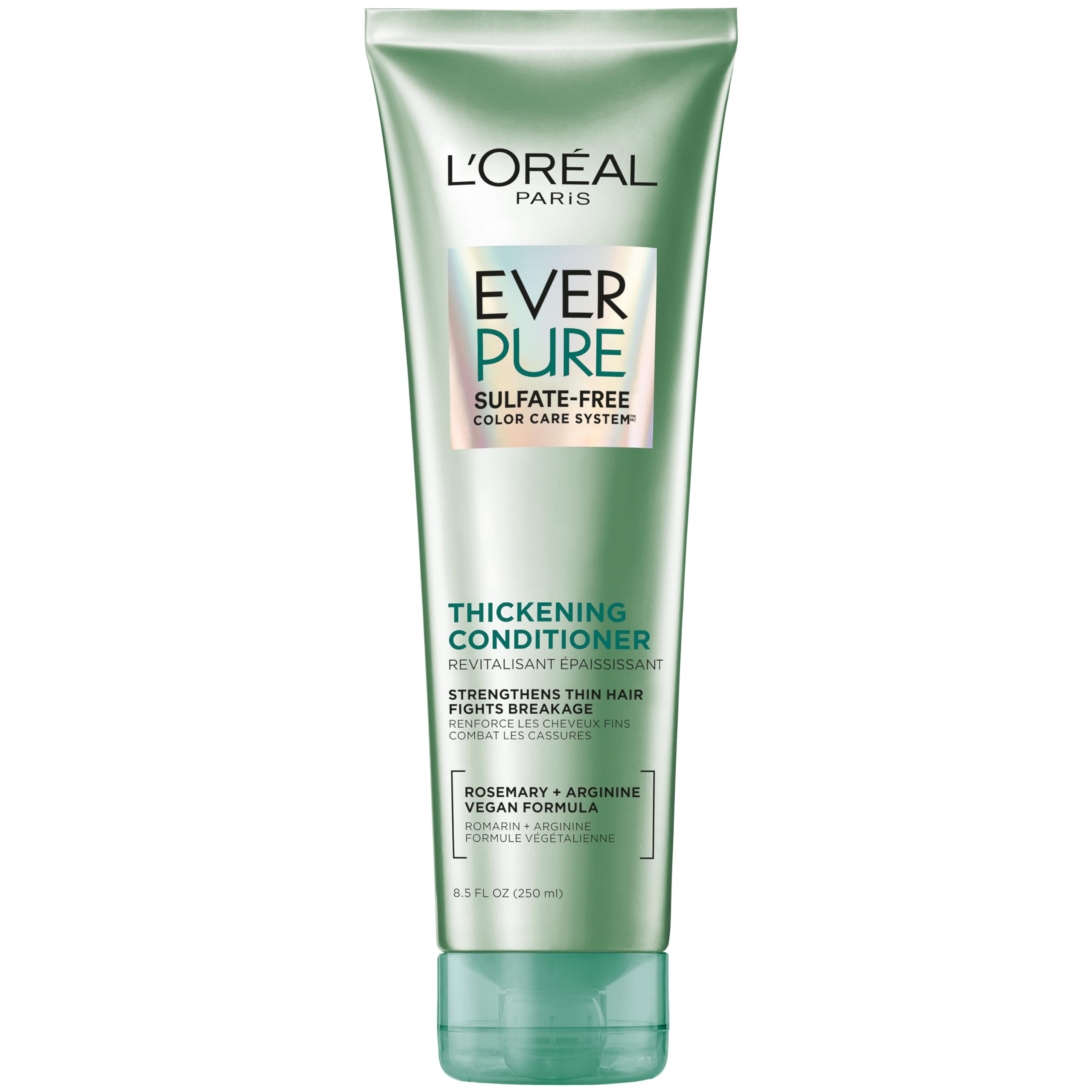 L'Oreal Paris EverPure Thickening Conditioner bottle on a shelf promotes color-safe fullness.