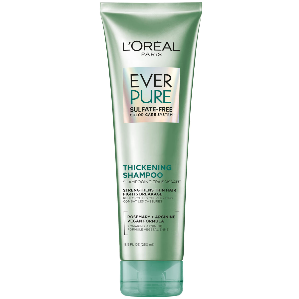 L'Oreal Paris EverPure thickening shampoo bottle highlighting color-safe fortification for fine hair