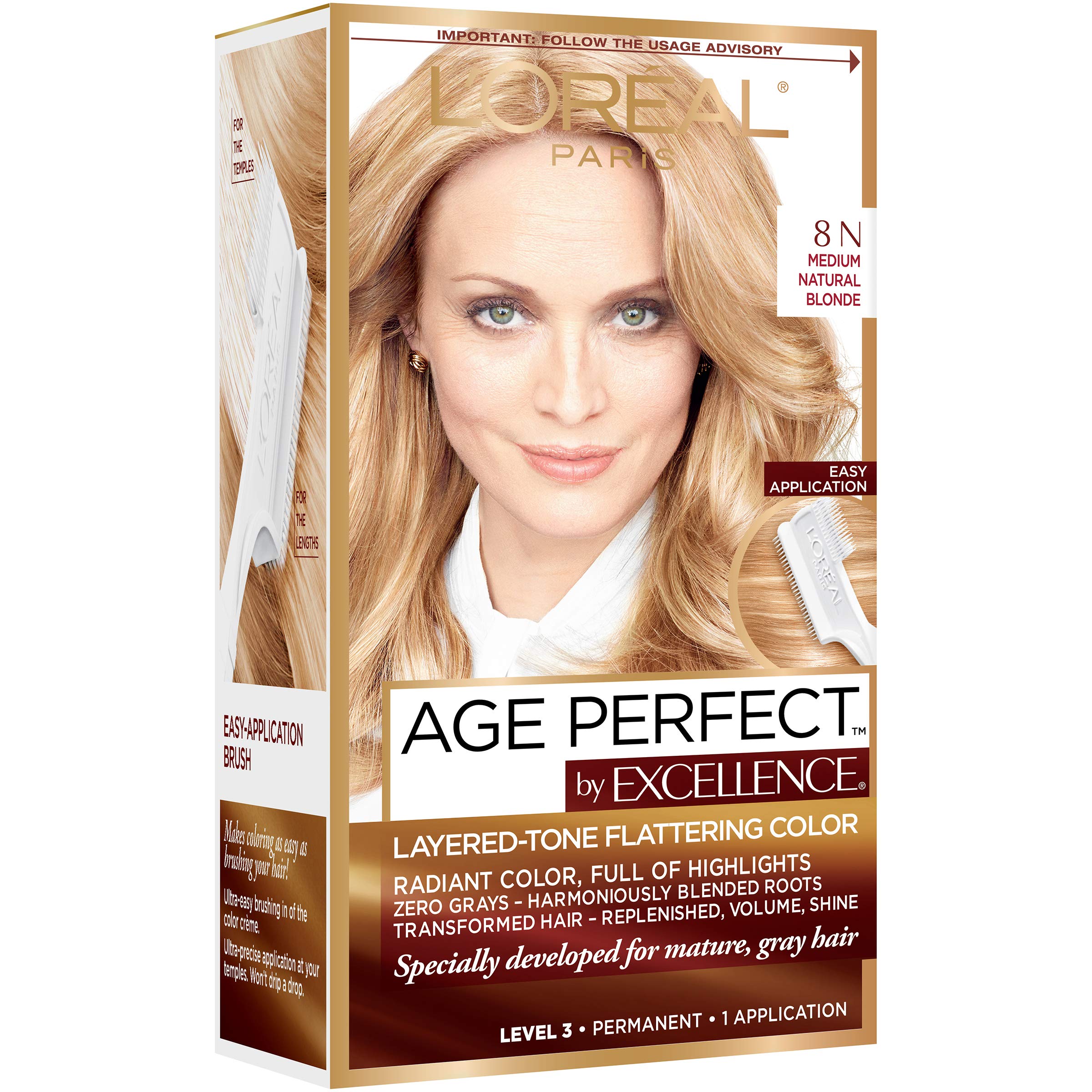 L'Oreal Paris Excellence Age Perfect radiant-shine finish hints at a glossy, healthy look.