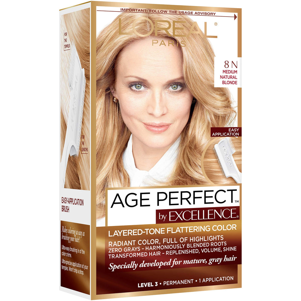L'Oreal Paris Excellence Age Perfect radiant-shine finish hints at a glossy, healthy look.