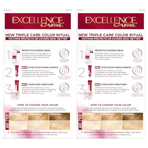 L'Oreal Paris Excellence before-after visual suggests noticeable gray coverage and vibrant color.