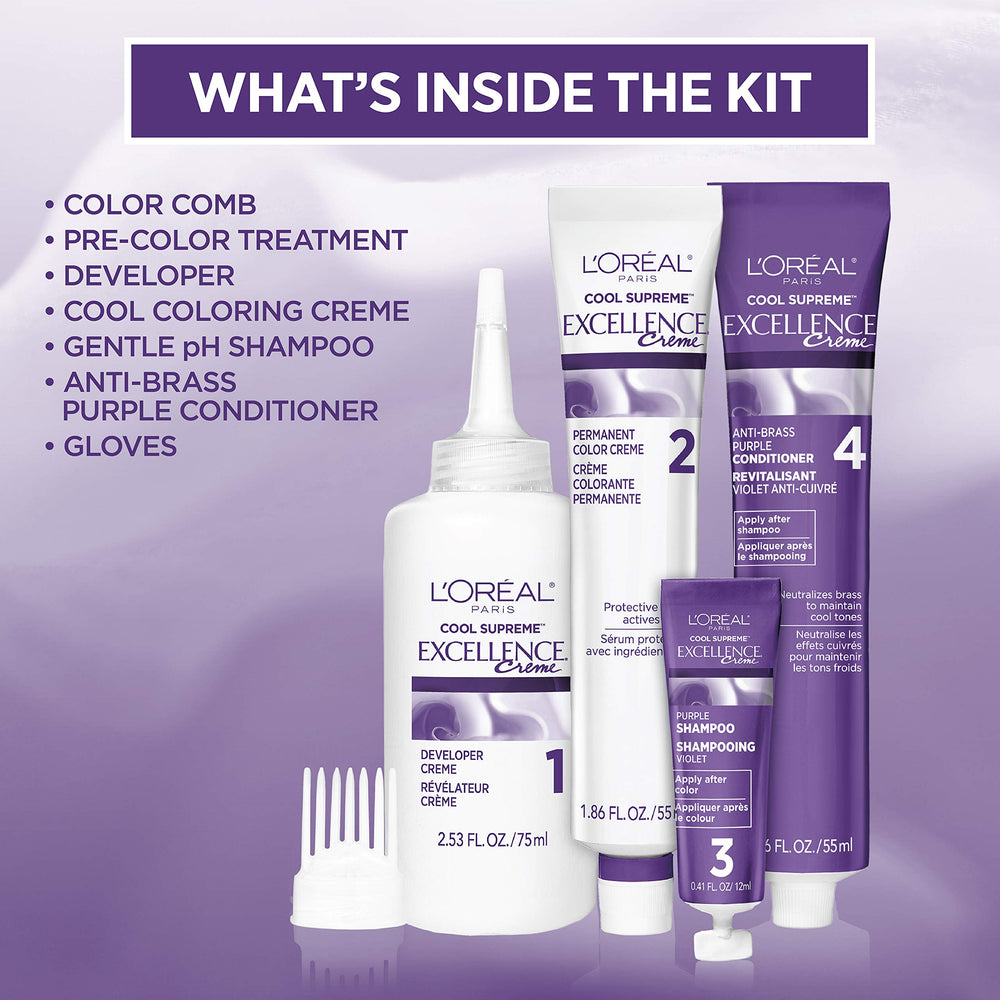 L'Oreal Paris Purple Anti-Brass conditioner neutralizes warm tones for lasting coolness